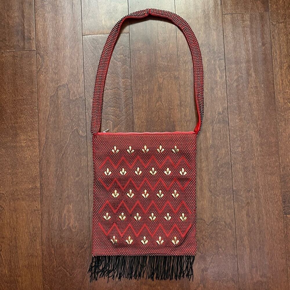 Vintage Red and Black Beaded Shoulder Bag with Black Fringe